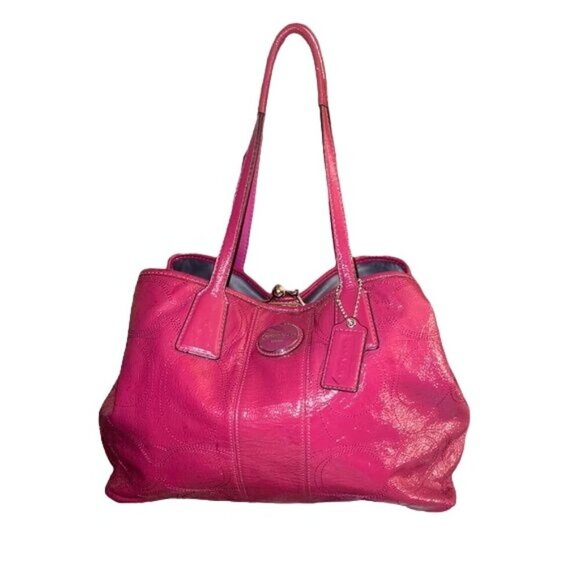 Coach Patent Leather Signature Stitched Framed Kisslock Carryall Raspberry - Picture 1 of 11